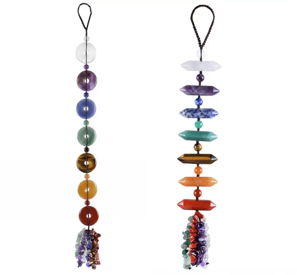 TUMBEELLUWA 7 Chakra Gem Stone Hanging Decoration Ornament Hexagonal Column Peace Buckle Lucky Healing Crystal Home Window Decor