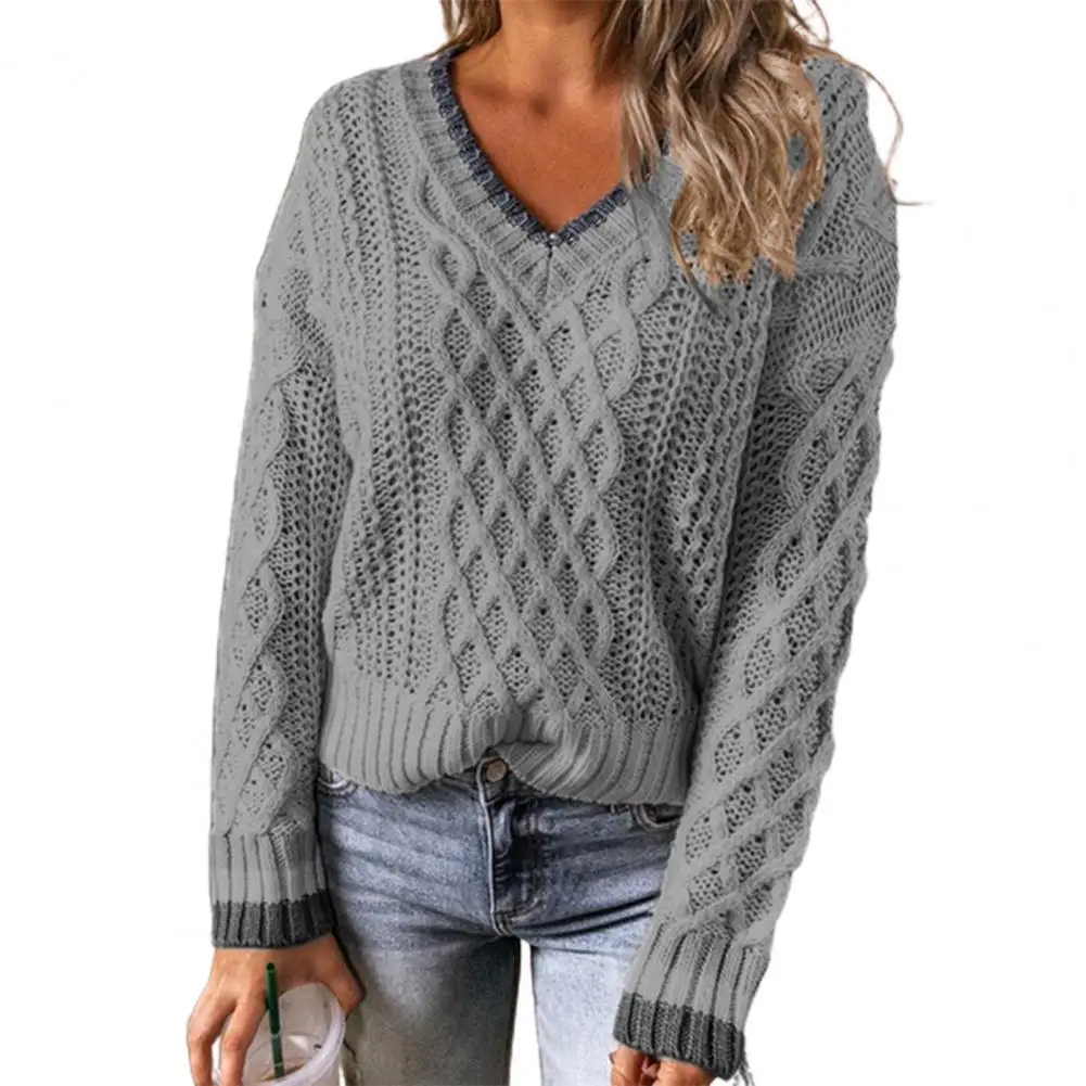 

New Casual Women's Sweater V-Neck Long Sleeve Knitted Top Autumn Winter Patchwork Twist Women Pullover Sweater Streetwear Tops