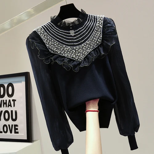

2021 Autumn New European Goods Beads Stitching Chiffon Sleeve Knitted Top Elegant Women Slim Knit Botton Shirt Ladies Sweaters