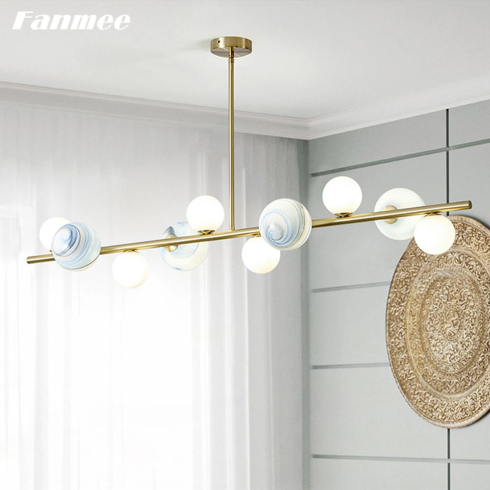 

Modern Linear Ceiling Chandelier LED G4 Brass Horizontal Glass Orb Pendant Hanging Lamp Island Light Fixture for Kitchen Bar