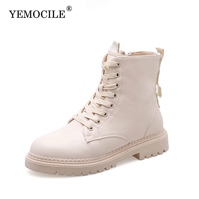 

YEMOCILE Fashion Zipper Flat Shoes Woman High Heel Platform PU Leather Boots Lace up Women Shoes Ankle Boots Girls 35-40