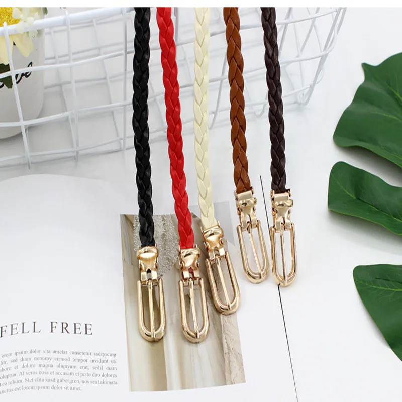 

1Pcs New Braided PU Leather Belt Fashion Weave Ponytail Strap U Shape Buckle Thin Waistband Suitable for Women's Dress Pullover