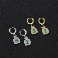 hip hop dollar purse bling bling brass earrings fashion stud earrings rapper jewelry gold silver color