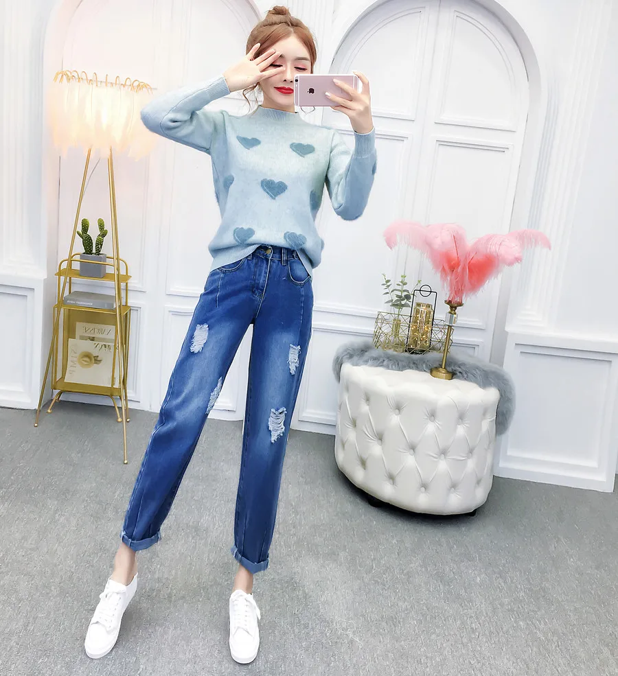 

American fashion model sets web celebrity love pullover sweater leisure hole denim pants slim jeans women 2 pcs clothing set