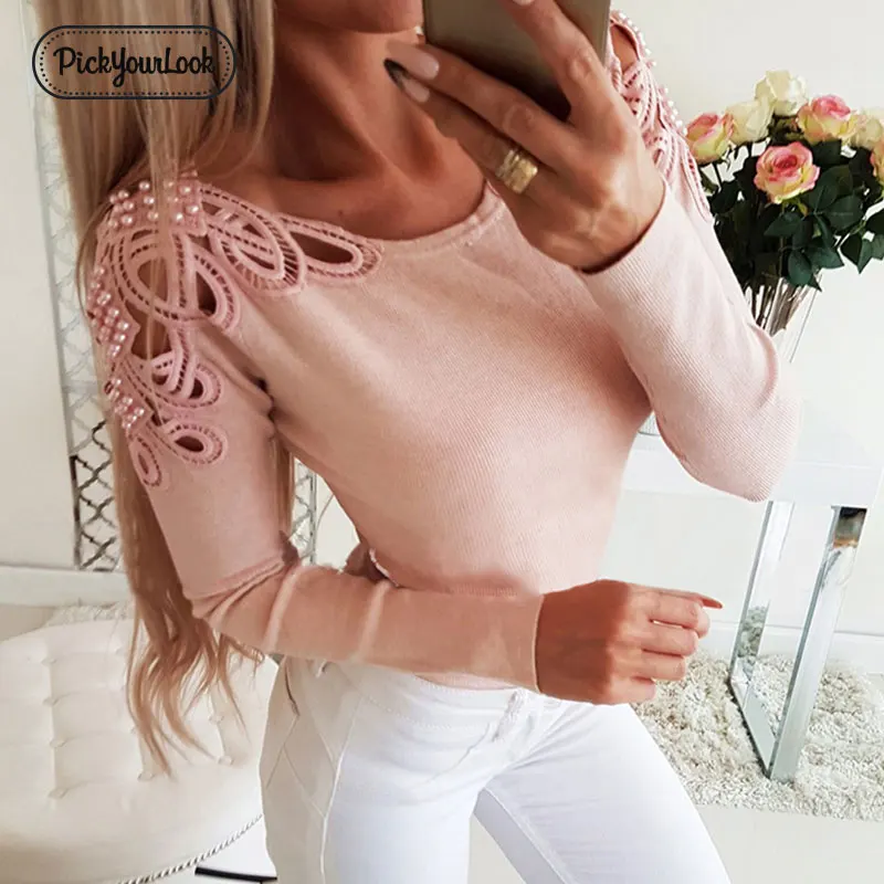

Pickyourlook Knitted Tops Women Sweater Hollow Out Autumn Pearl Female Jumper Knitwear Long Sleeve Solid Ladies Knitwear Blusas