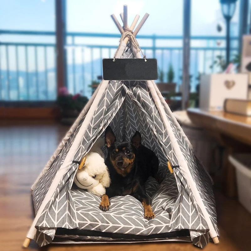 

White Canvas Cushion Pet Teepee Dog & Cat Bed Dog Cute House - Portable Washable Dog Tents for Dog(Puppy) & Cat Pet