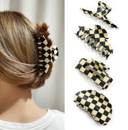 

Exquisite Mutiple Vintage Acetate Checkerboard Hair Claws korean Elegant women Plaid Shark clips Ins Barrette Hair Accessories