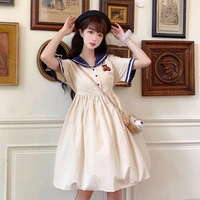japan kawaii women dress sweet girl one piece princess dress midi robe 2021 summer navy collar petal sleeve solid color dresses
