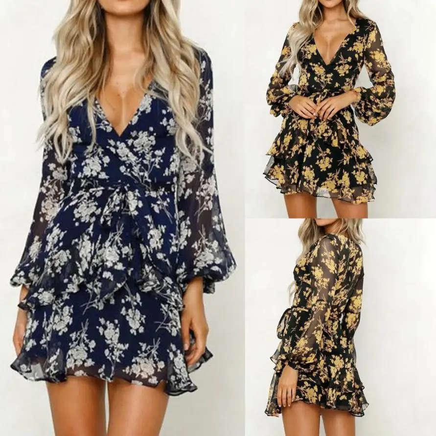 

Womens Floral Leaf Printed Lantern Sleeve Empire Dress Ladies Summer Beach Casual Mini Dress women