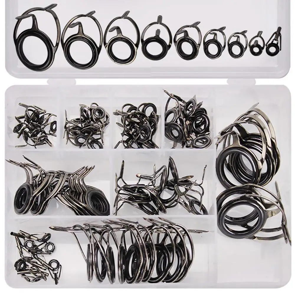 

85pcs/box Black Fishing Rod 8 Sizes Guides Ceramics High Carbon Steel Ring Surf Casting Fishing Rod Guide Rings Accessories