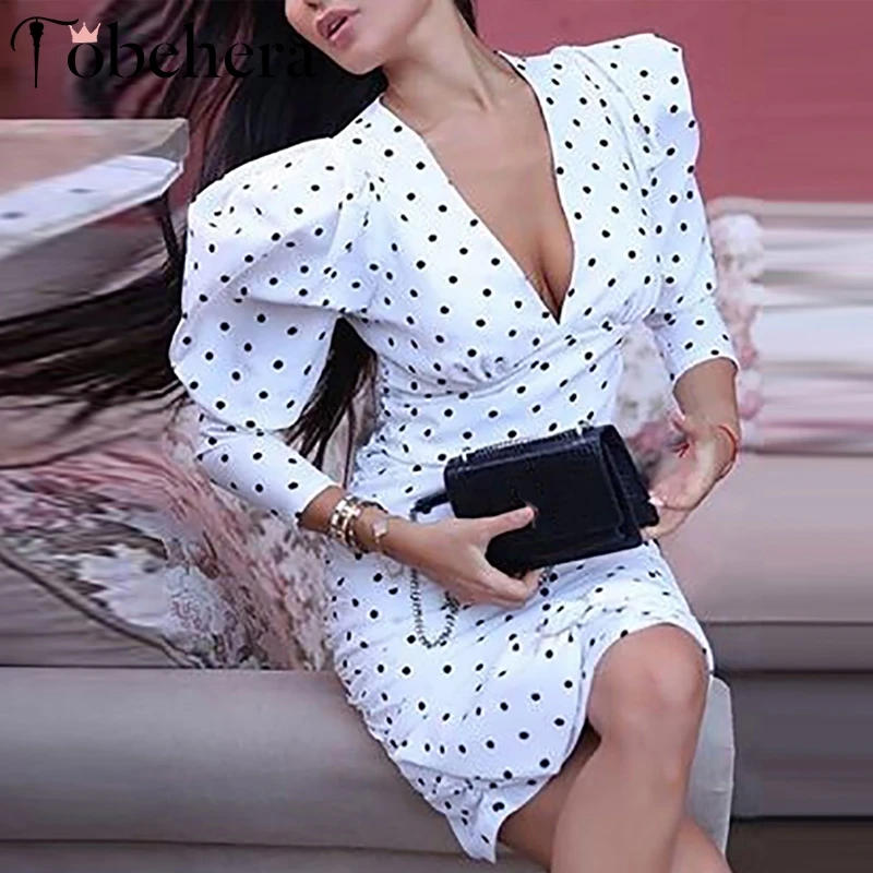 Glamaker Осеннее белое сексуальное платье в горошек женское элегантное с v-образным