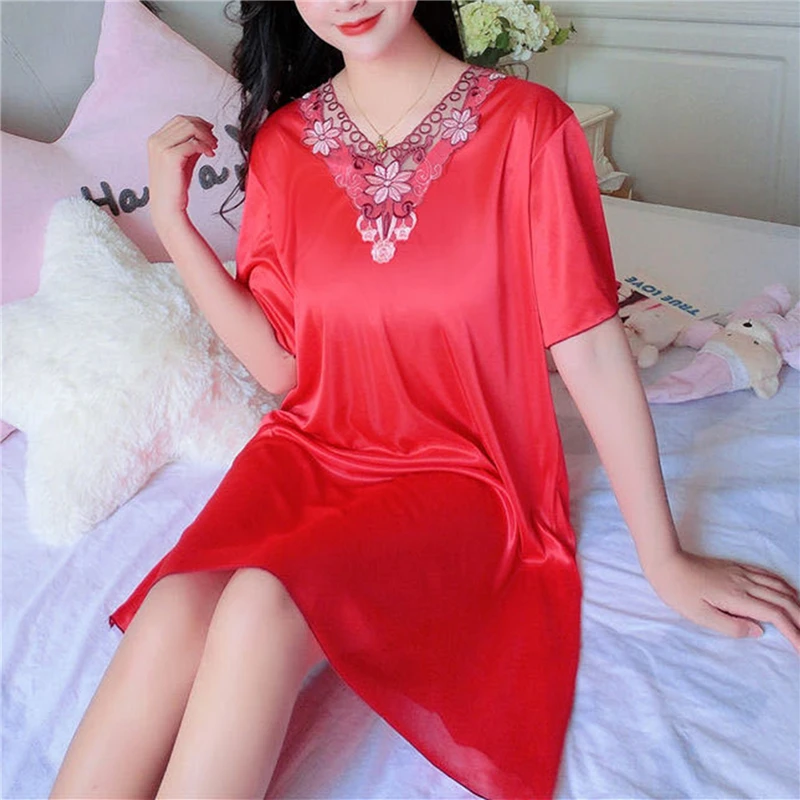 

Lace Patchwork Ice Silk Satin Night Dress Smooth Nightwear Sexy Women Sleepwear Summer Short Sleeve Nightgown Vestidos