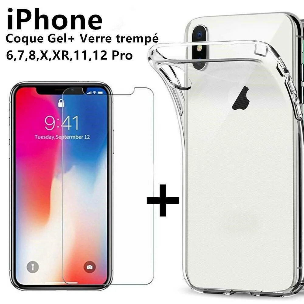 

Verre Tremp Film Vitre Protection + Coque For iPhone 6 7 8 11 12 Pro Max XS XR SE