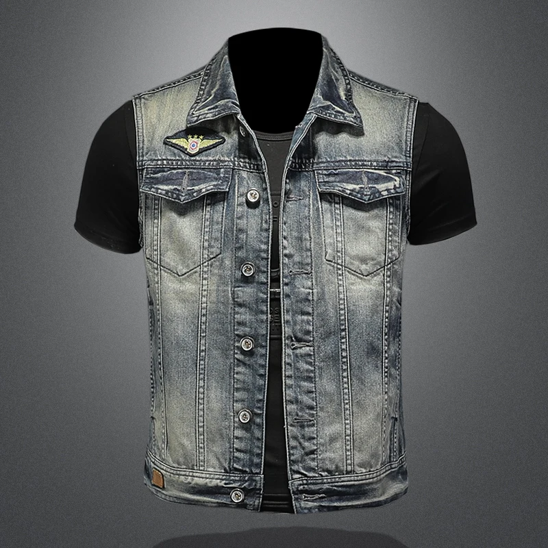 

2021 Spring Summer Men European Style Personality Cowboy Waistcoat Male Large Size Denim Vest