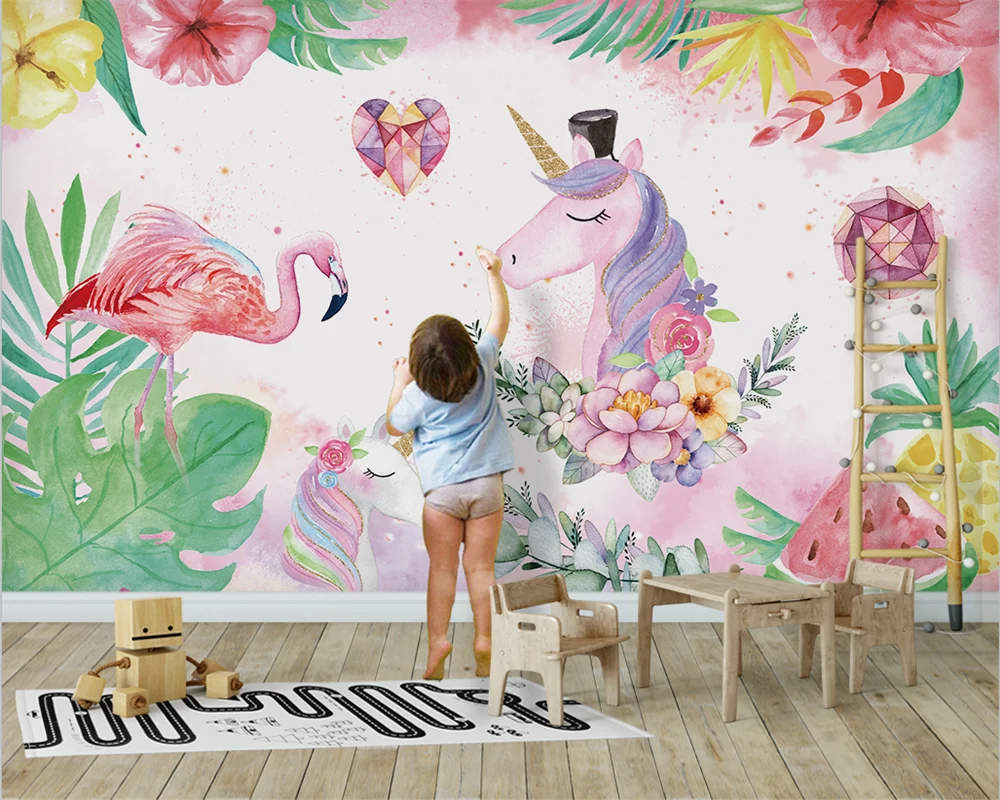 

beibehang Customized papel de parede modern nordic minimalist flamingo unicorn kids room background wallpaper papier peint