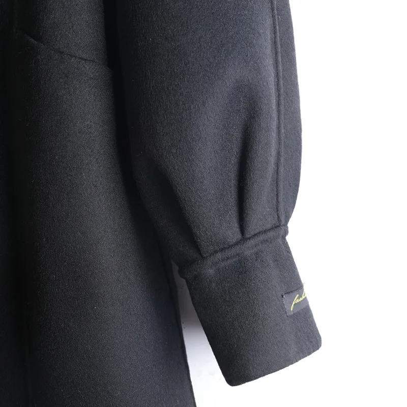 

2020 And Winter New Fashion Black Big Collar Straight Double-breasted Woolen Mid-length Woolen Coat With Cuffs For Women B166