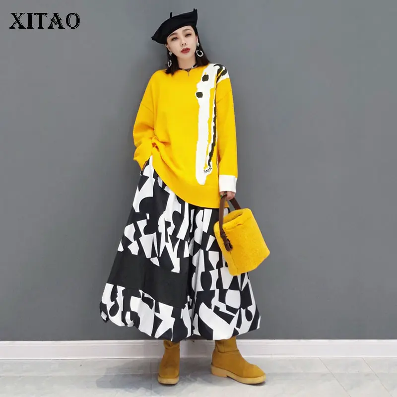 

XITAO Two Piece Set Women Fashion New Full Sleeve 2021 Autumn Pullover Print Pattern Loose Pleated Goddess Fan Style LDS0122