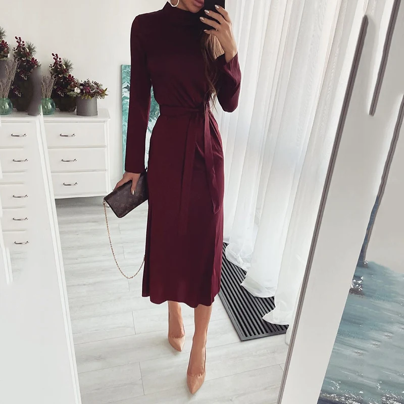 

Maxi Solid Long Sleeve Strappy A-line Autumn Dress Formal Party Dresses For Women 2021 Gowns Lady Elegant Feminine Evening Dress