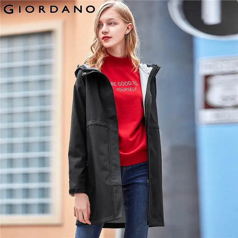 Giordano Женская куртка с флисовой подкладкой длинное пальто капюшоном значок