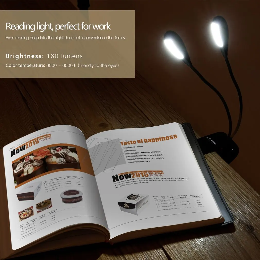 

LESHP 8LED Book Light Double Pole Clip On Music Stand Light Rechargeable Dimmable Adjustable Neck Built-in 1000mAh Battery