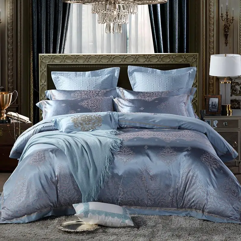

42 4/6Pcs Silver Satin Jacquard Cotton Bedspread Bedding Set Queen King size Bed cover Duvet Cover Bed set parure de lit