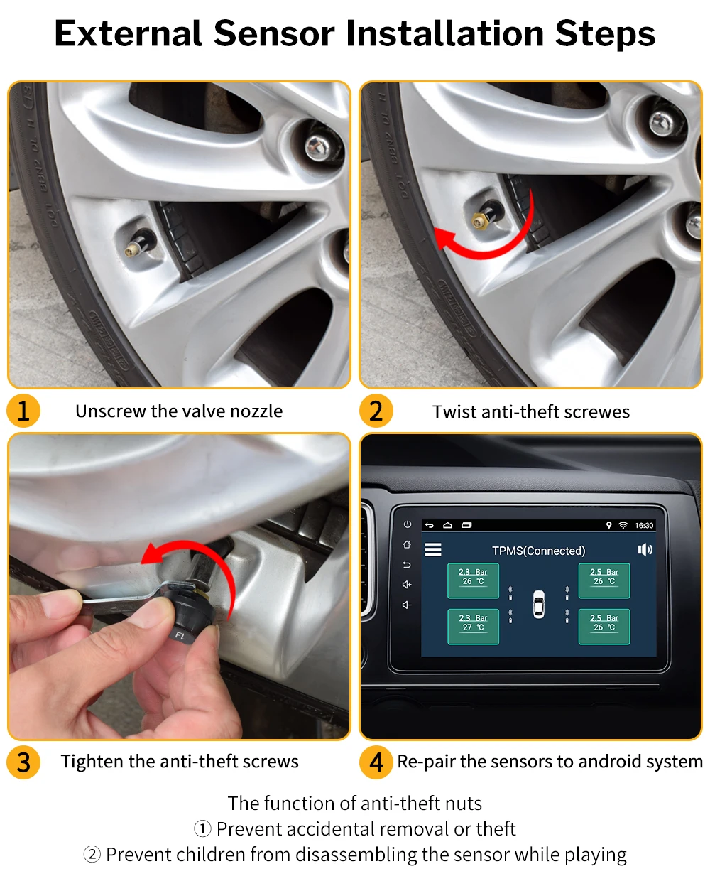 Deelife USB Android TPMS система контроля давления в шинах Дисплей Сигнализация 4 датчика для Автомобильный dvd-плеер Android мультимедийный плеер