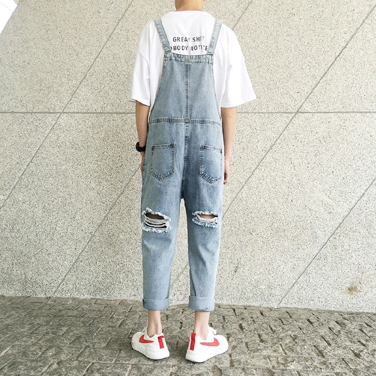 2020 Ripped Man Jeans Bib Youth Overalls Ankle Length Straight Hip Hop Hole Denim Jumpsuits Trousers Leisure Freight Cargo Pants