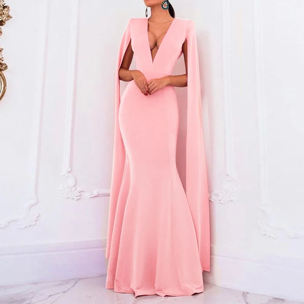 Pink Evening Dresses Sexy Elegant V Neck Long Sleeves Floor Length Long Party Formal Mermaid Evening Dress - Цвет: Pink