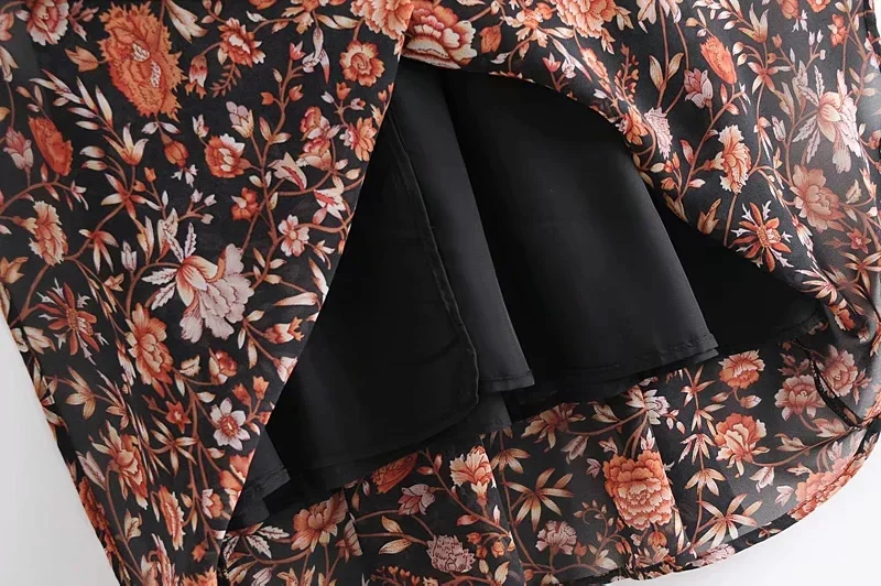 

Qeils Women Chic Fashion Floral Print Pleated Midi Dress Casual Vintage Puff Sleeve With Lining Female Dresses Vestidos Mujer