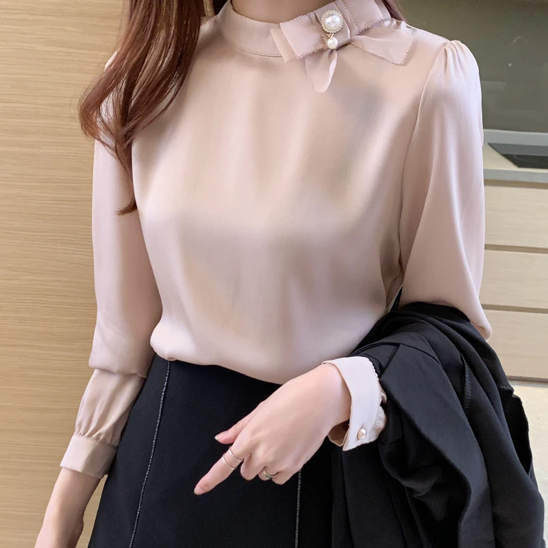 

Korean Women Blouses Shirts Women Chiffon Blouse Tops Woman Long Sleeve Shirt Blouse Woman Beading Bow Tie Shirt Tops Plus Size