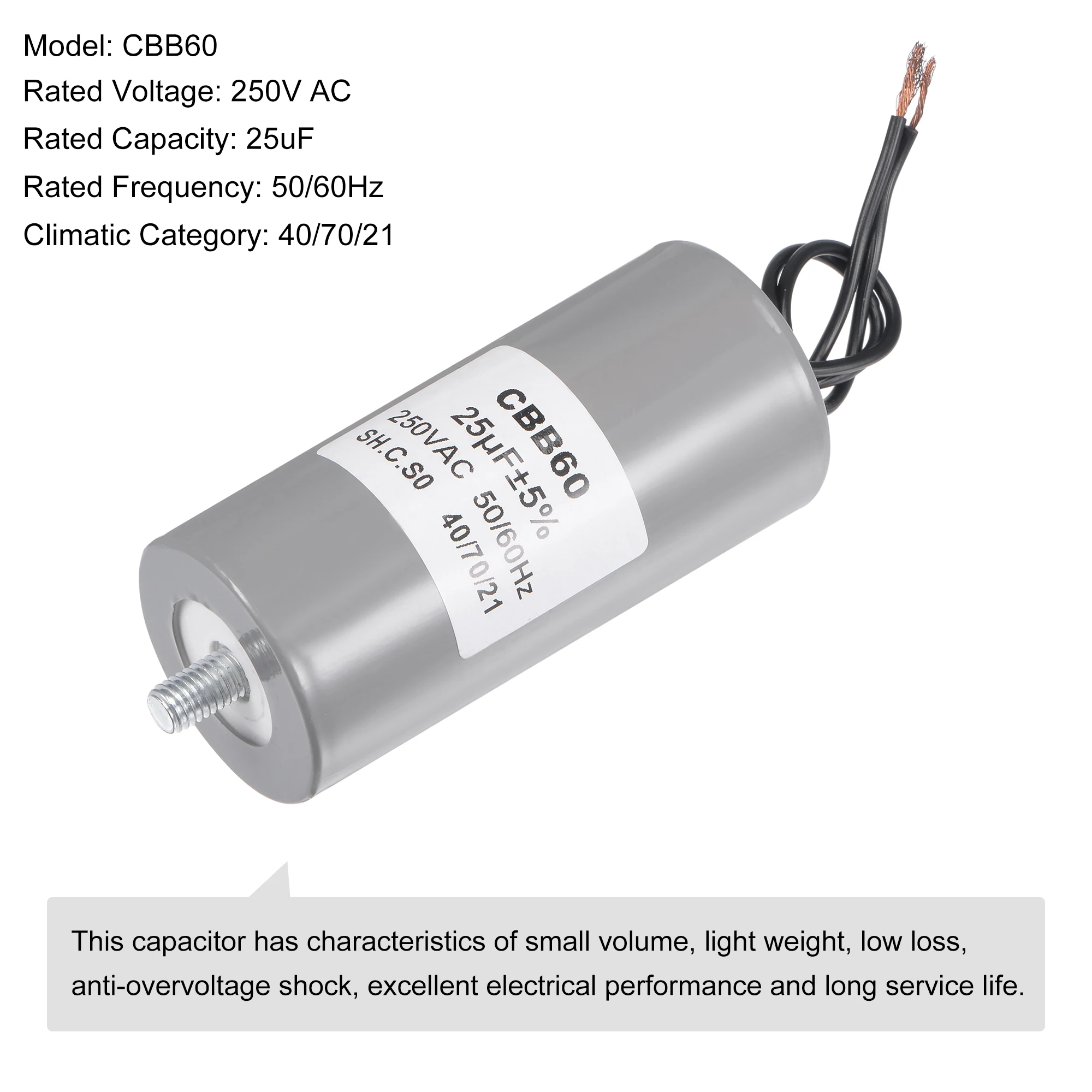 Uxcell CBB60 конденсатор 25 мкФ 250V AC 2 провода 98x45 мм w M8 крепежный стержень для насоса