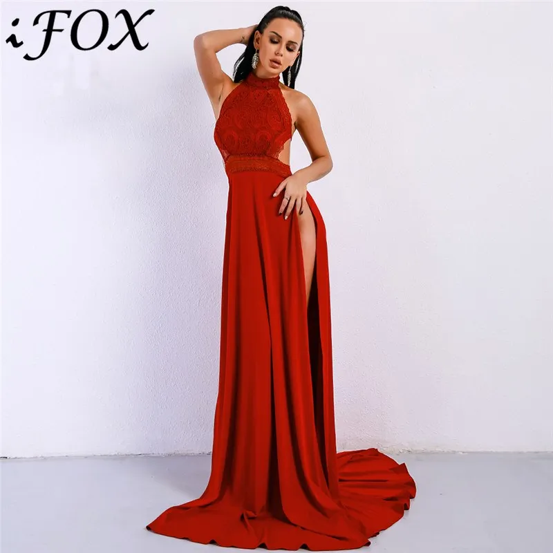 

2020 Sexy Halter Neck Lace Women Dresses Charming Open Back Female Elegant White Maxi Dress with High Side Split