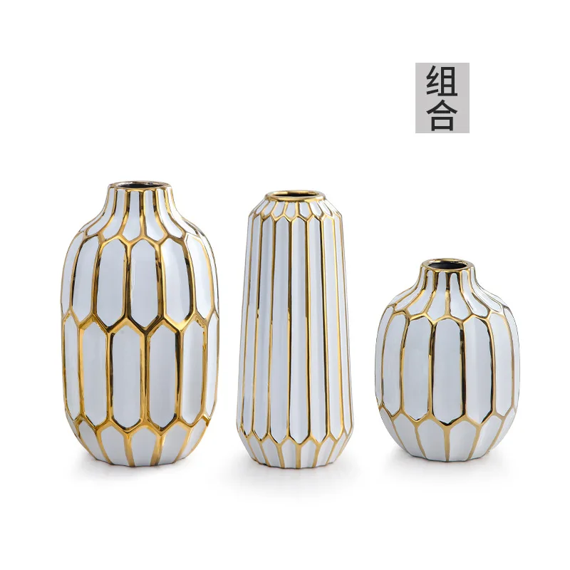

European Electroplated Ceramic Vase White Gilt Stripes Living Room Office Decoration Crafts Flower Vase Modern Home Furnishings