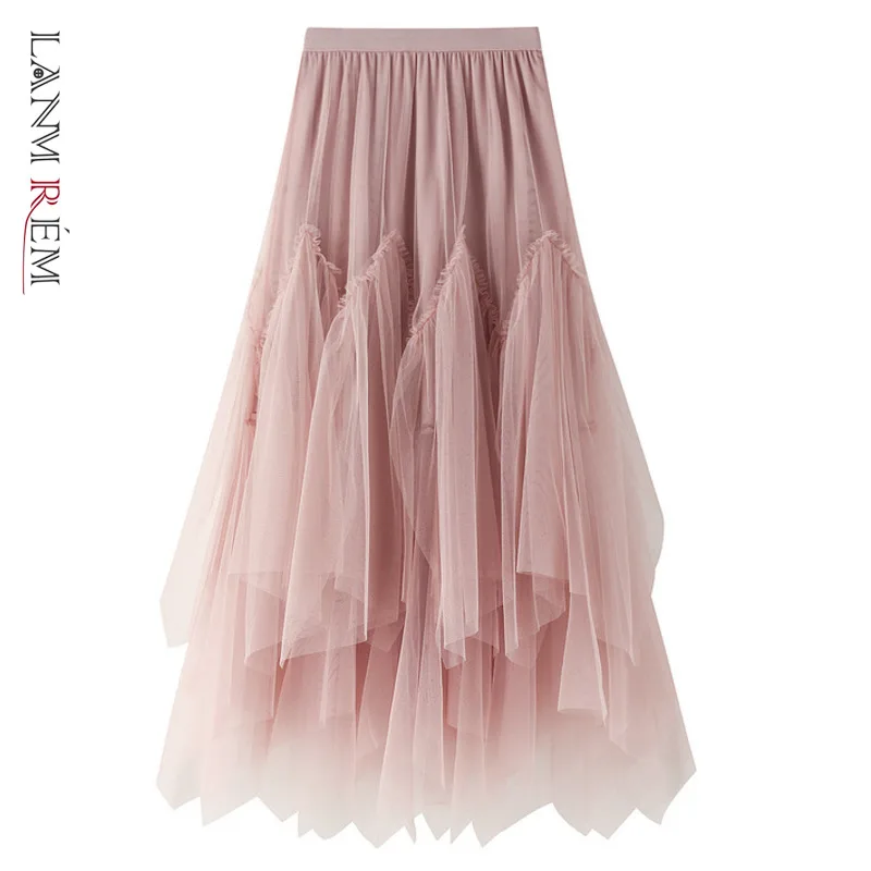 

LANMREM 2023 Spring New Mid-length Solid Color A-line Puff Skirt Women Irregular Mesh Layers Cute Party Skirts 2J113