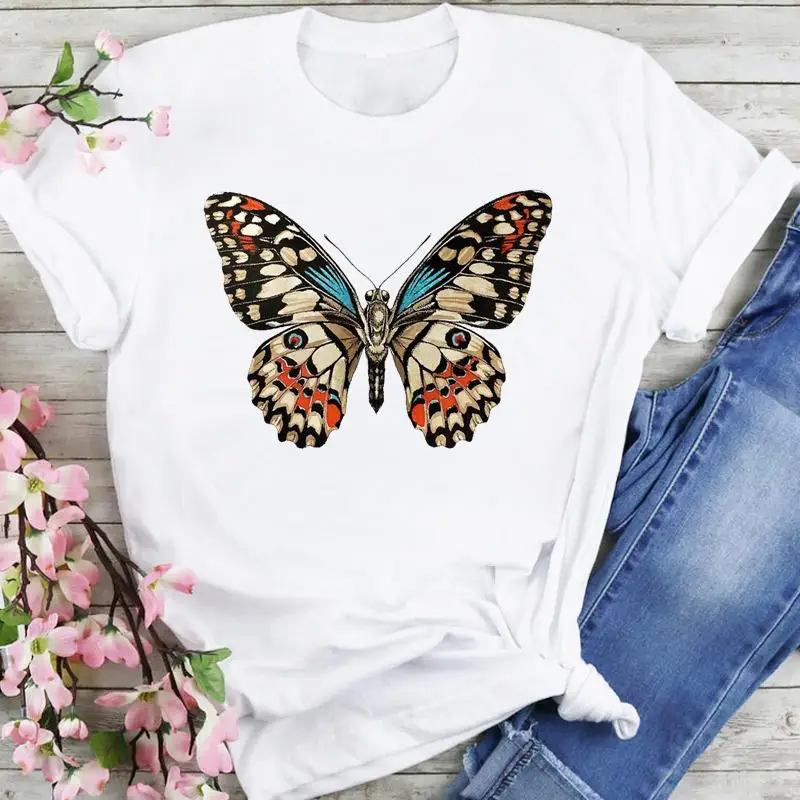 

Футболка женская летняя с коротким рукавом и принтом в виде бабочки