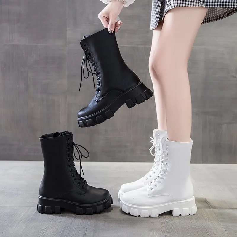 Женские белые ботинки осенние модные черные кожаные на платформе готические в
