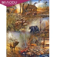 miaodu 5d diamond painting cartoons animals in the village bear and deer cross stitch resin diy mosaic home art wall decor