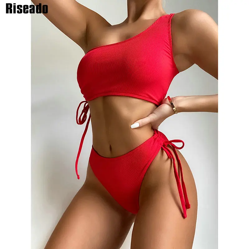 

Riseado Sexy One Shoulder Bikinis Swimwear Women High Waist Swimsuits Drawstring Bathing Suits High Cut Biquini 2021 Beachwear