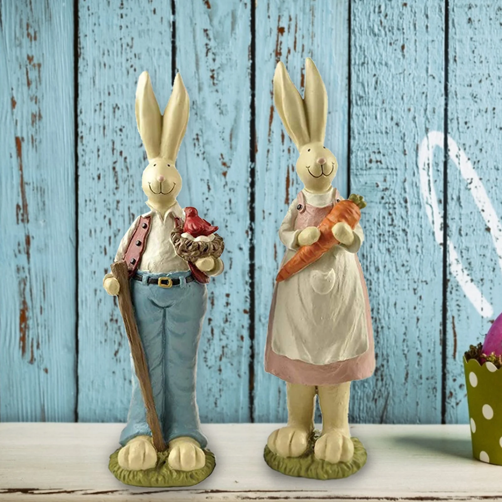 

lovely Father Rabbit and Mother Rabbit figurine Decorations Easter Bunny Statue Hand Painted Rabbit Couple Resin Figurines #W0