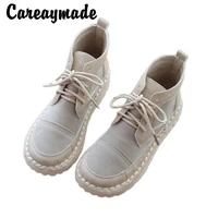 careaymade artistic womens bootshandmade comfortable flat bottomlace up retro round head short tube bootsstudent shoes