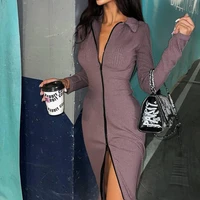 solid color sexy tight fitting lapel bottoming long sleeved dress women new street casual stretch knitted zipper dress women