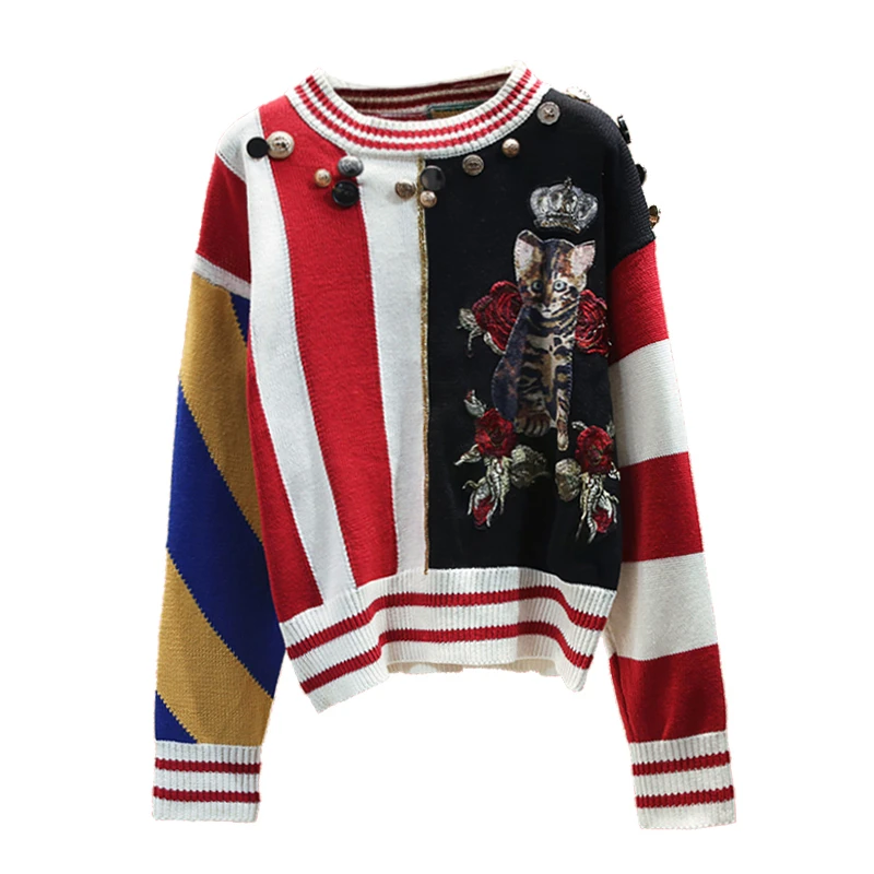

Embroidery floral Modis patchwork sweater women 2020 autumn lazy loose knitted Pullover Buttons decoration tops