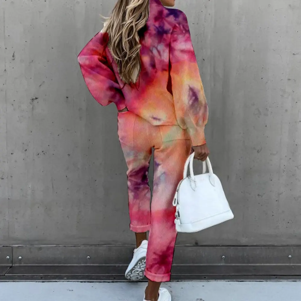 

Spring Tie Dye Women 2021 Print Tracksuit Sets Casual Short Hooded Sweatshirt + Sport Pants Lady Two Piece Suit Lounge Wear