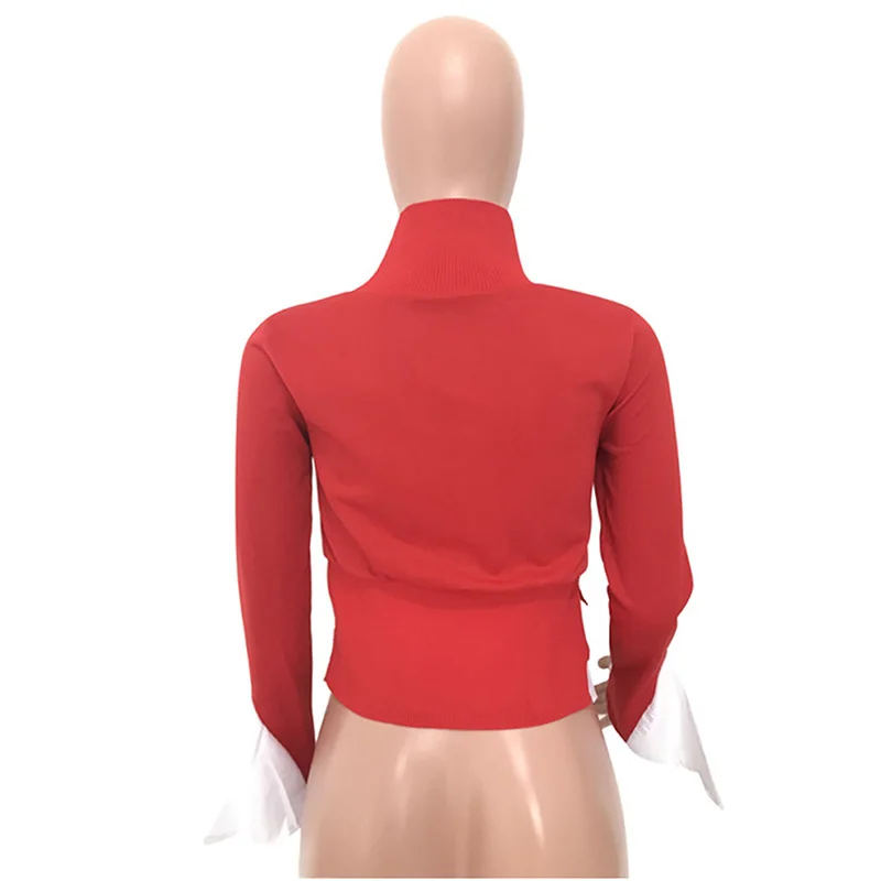 

Women Contrast Color Knitted T Shirts Turtleneck Ruffles Spliced Long Sleeve Shirts Causal Elegant Plus Size Tee Shirt Femme