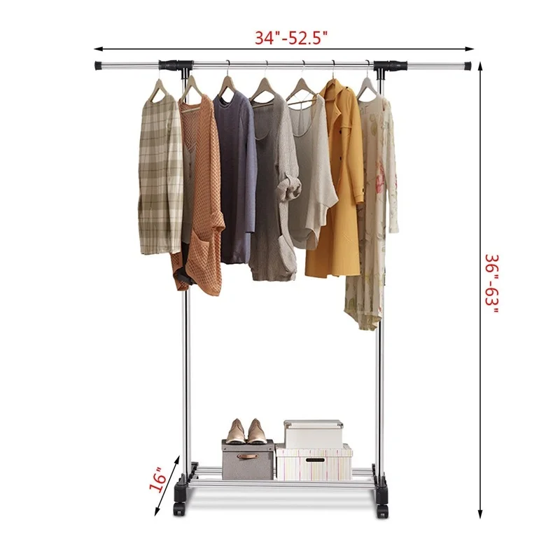 

Adjustable Rolling Garment Rack Closet Organizer Singlebar Retractable Design Premium Powder-coated Steel Clothes rack HW53987