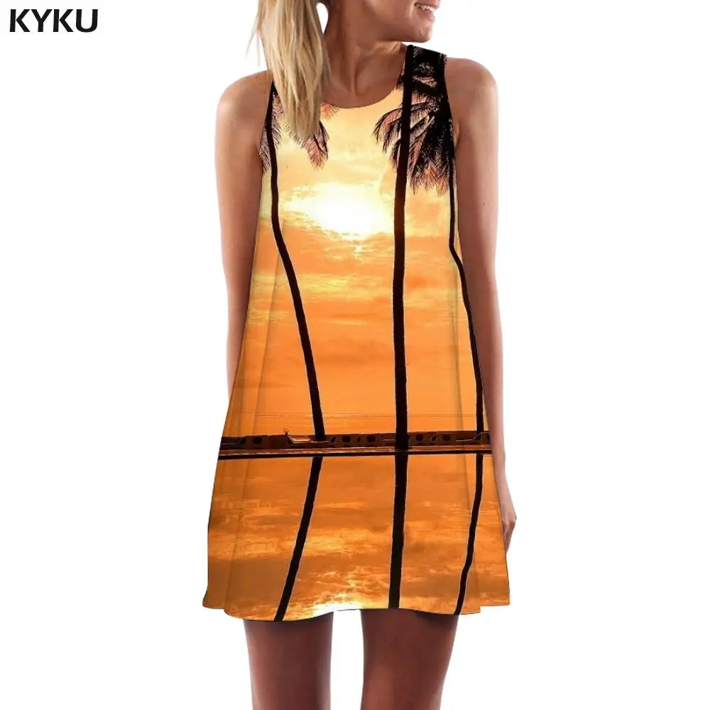 

KYKU Brand Landscape Dress Women Hawaii Korean Style Coconut Tree Tank Sunset Glow Party Womens Clothing Vintage Gothic