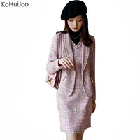 kohuijoo women dress suits 2021 plus size fashion long sleeve tweed blazer jacket sleeve tank dress set 2pcs clothing sets pink