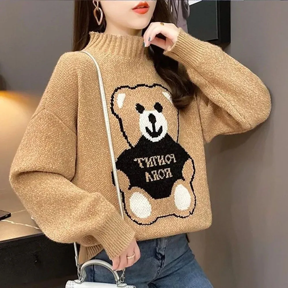 

Women Sweater 2021 New Autumn Winter Korean Version Loose Half High Collar Imitation Mink Knit Bottoming Shirt Thicken Warm Top