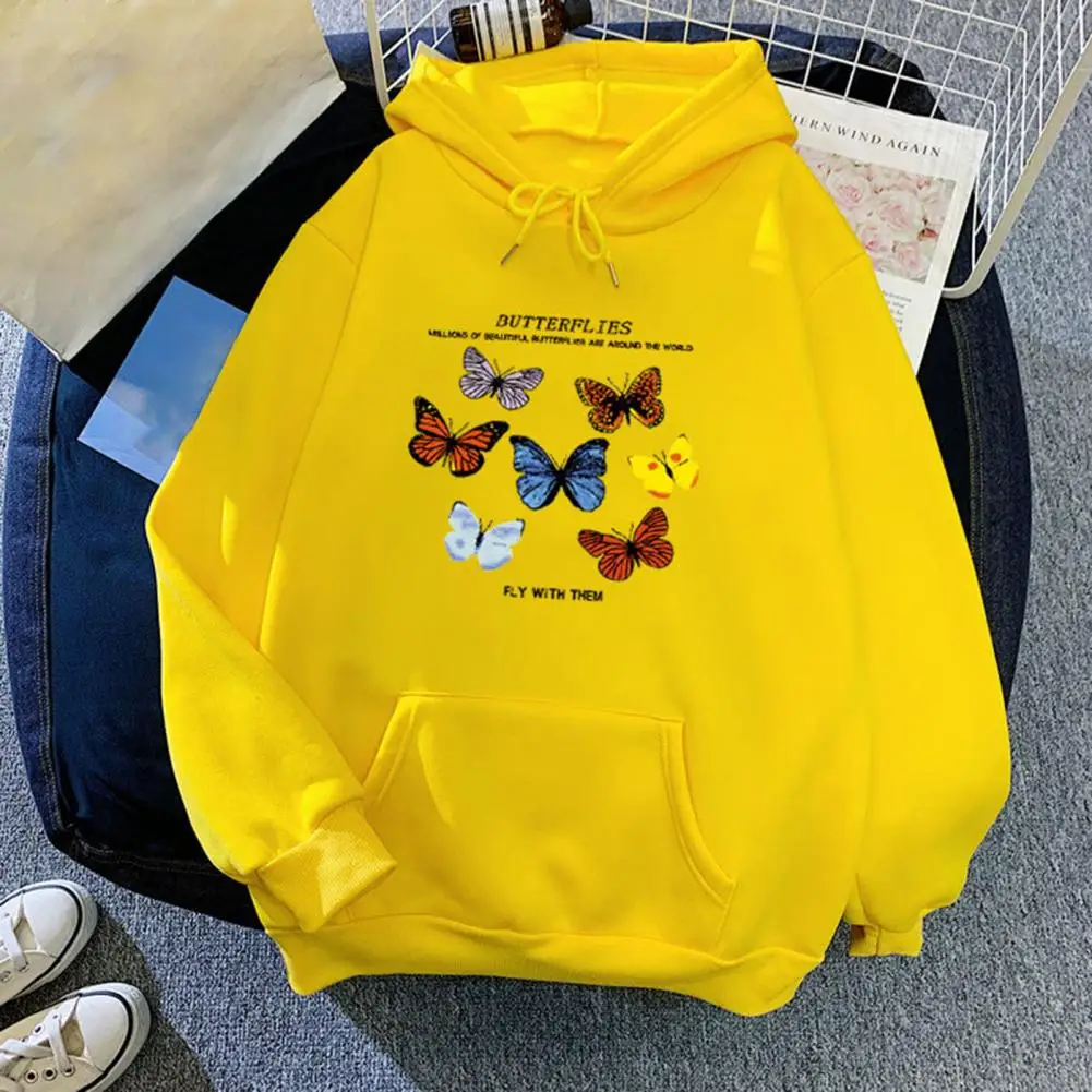 Butterflies Pattern Hooded Sweatshirts Women Front Pocket Cotton Blend Hoodies for Women Pullovers Tops femme Hoodies ropa mujer