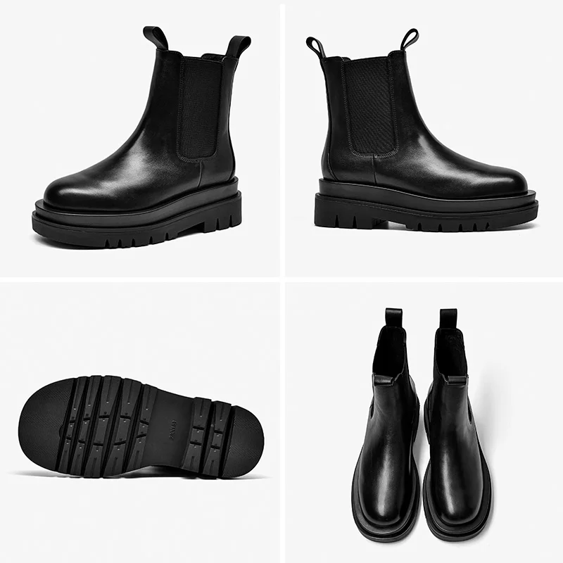 

Women Chelsea Boots Genuine Calfskin Leather Ankle Length Round Toe Elastic Bands Lady Platform Boots Handmade BeauToday 03470